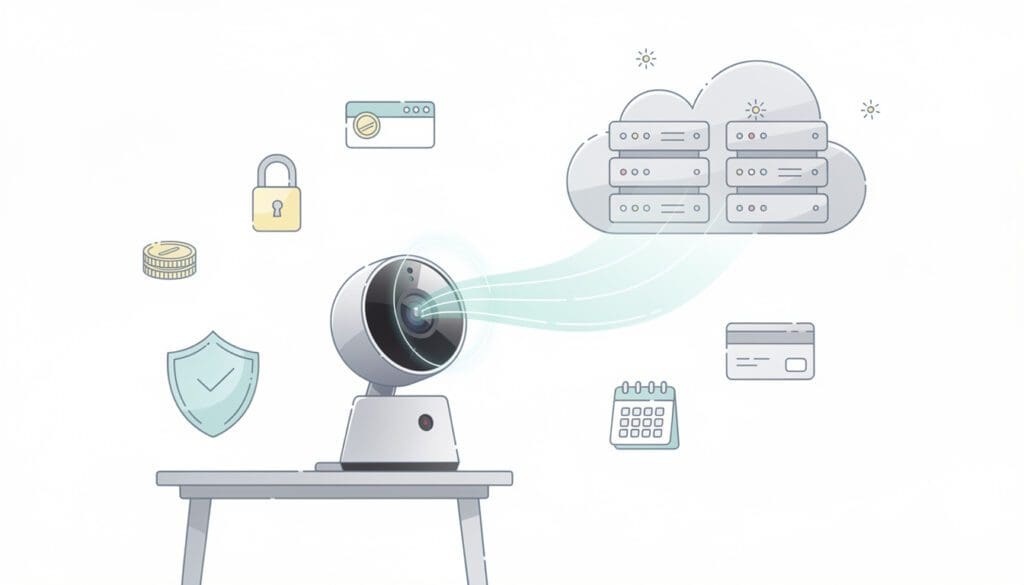Conceptual illustration of cloud-based smart camera subscriptions: pricing icons, lock and privacy symbols, user data flowing to cloud servers. 