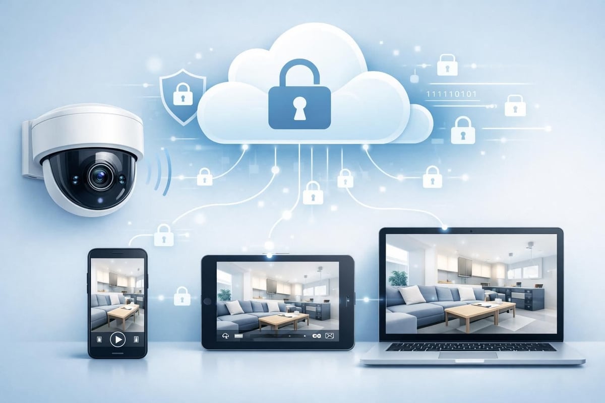 A modern smart home security camera connected to a cloud interface, showing video footage accessible from multiple devices (smartphone, tablet, laptop). Clean, realistic illustration style, soft blue and white color palette, emphasis on cloud icons, encryption symbols, and secure data flow. 